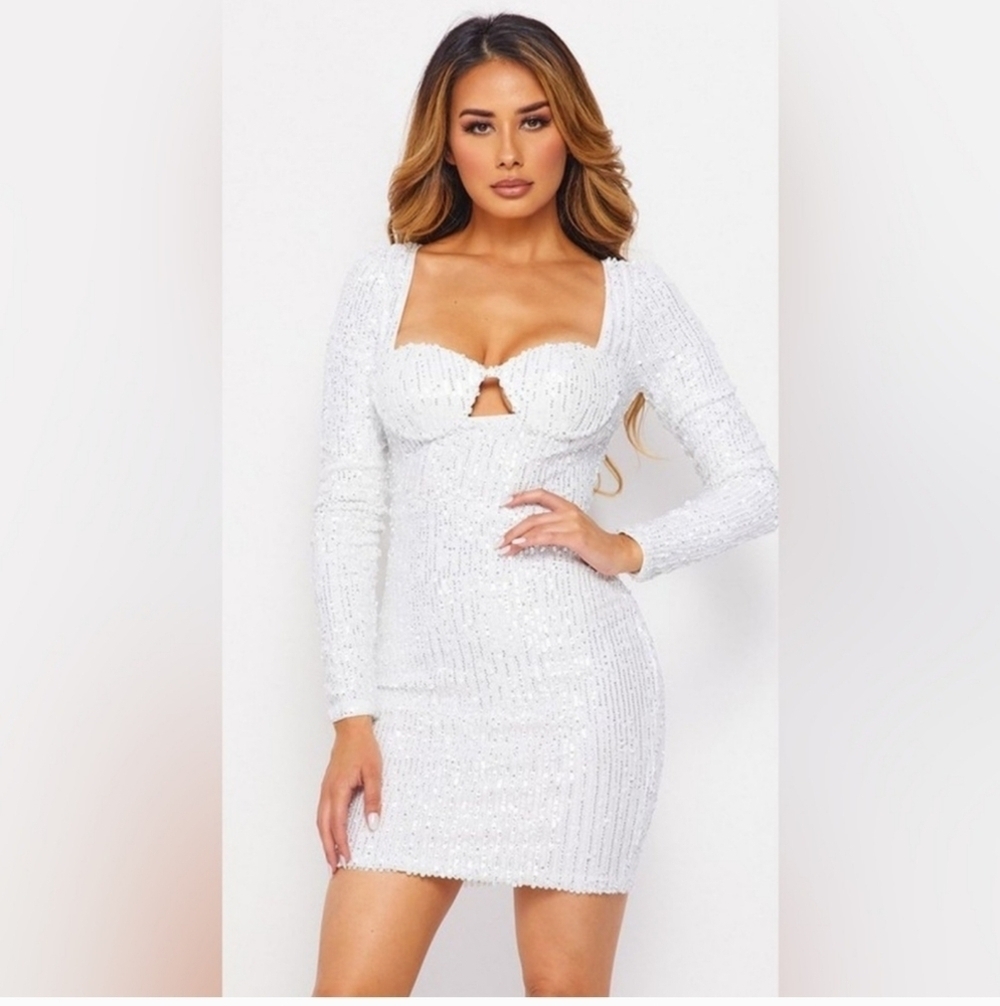 White sequin long sleeve dress